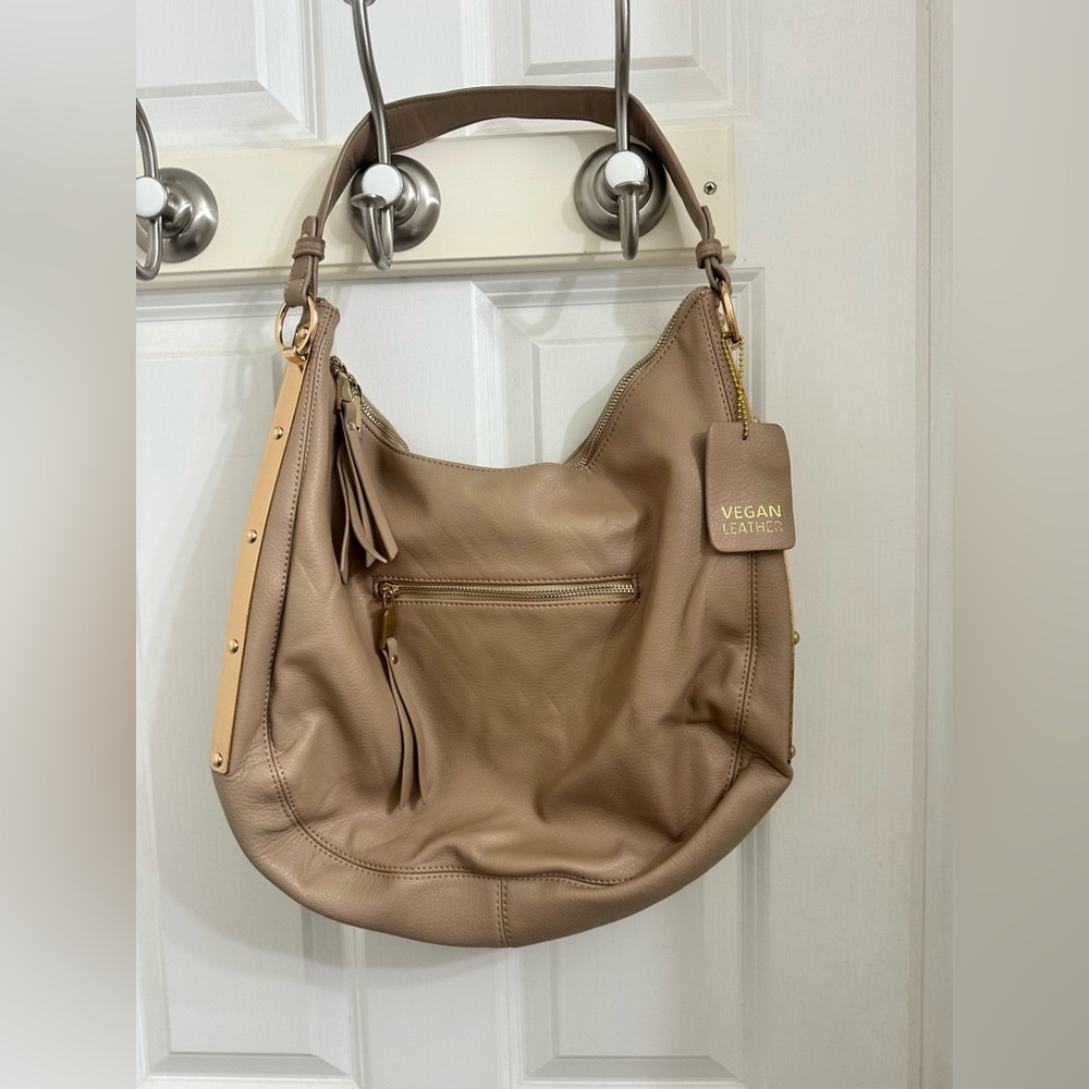 MMS Taupe Vegan Leather Hobo Shoulder Bag | Gold Hardware | Tassel Zip